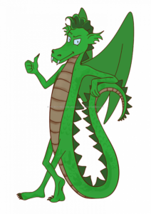 Id the Dragon being cool, standing, leaning on his tail with one thumb up.